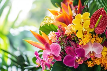 Poster - A beautiful display of tropical flowers brings color to any setting with orchids, birds of paradise, and anthuriums creating a lively atmosphere. Generative AI