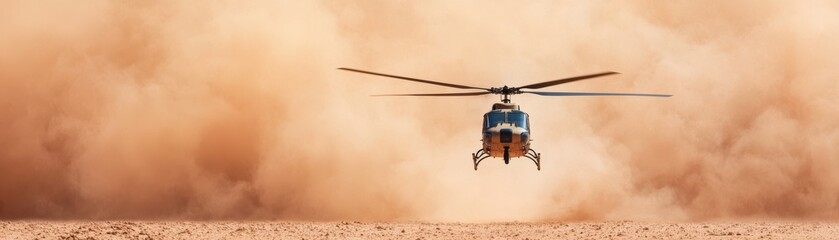 A helicopter flies through a cloud of dust, showcasing its agility and power in a dynamic aerial scene against a textured background.