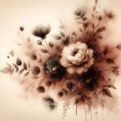 Monochrome brown watercolor design of beautiful flowers