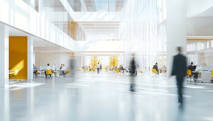 Wall Mural - A blur of people walking through a modern office building.