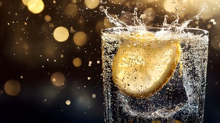 Poster - A photograph capturing the moment a lemon slice dramatically plunges into a glass of refreshing sparkling water