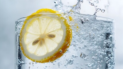 Poster - A photograph capturing the dynamic moment of a lemon slice dropping into a glass of sparkling effervescent water