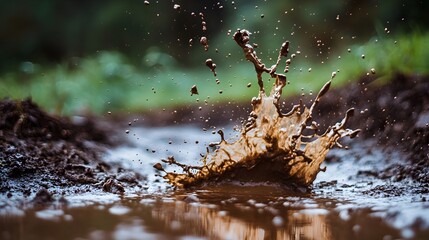 Poster - Powerful splash of mud captured as a foot steps into a puddle creating a dynamic energetic movement with ample copy space available on the left side for text placement