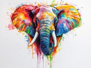 Wall Mural - Watercolor Elephant Portrait with Colorful Splashes