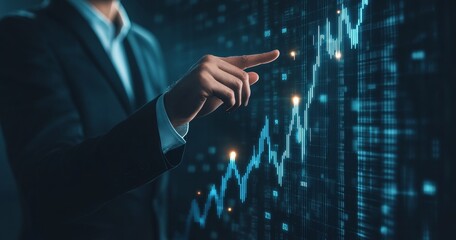 Poster - Businessman analyzing financial data with rising blue chart.