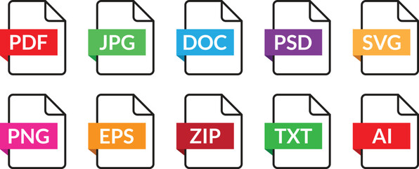 Poster - file format colored symbols, web format information, file format extensions icon set vector illustration.