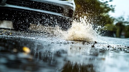 Poster - Dynamic Splash of Water on Rainy Day as Car Drives Through Puddle Capturing the Fluid Motion and Ample Copy Space for Text Placement