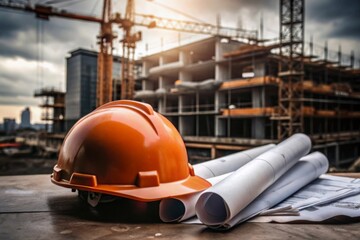 Construction site at sunset with orange hard hat and blueprints laid out, highlighting the progress of the building project