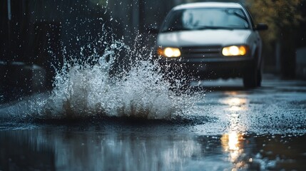 Poster - Dynamic splash of water captured as a car drives through a puddle on a rainy day with ample copy space available at the bottom of the image for text placement  The image showcases the motion energy