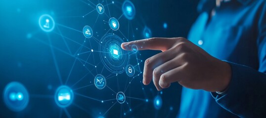 Poster - A hand reaches out and touches an abstract network of glowing blue circles with various icons, representing technology and connectivity.
