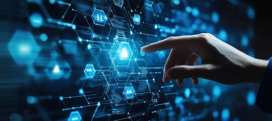 Poster - Hand interacting with a digital interface with glowing hexagonal shapes.