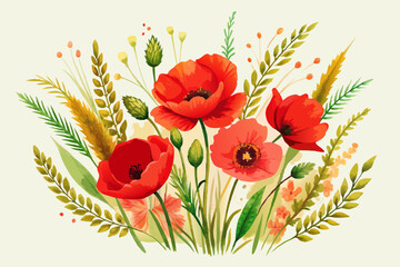 Sticker - Red poppy flower set watercolor illustration isolated on white background