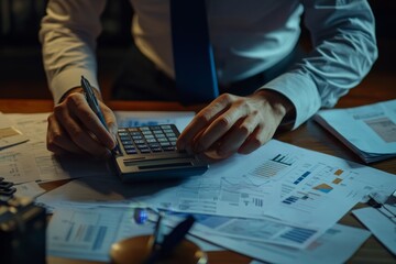 Poster - Close-up of a businessman's hands using a calculator to work on financial data.