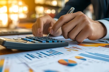 Poster - A hand pressing a button on a calculator while reviewing financial graphs and documents.
