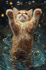 Wall Mural - A ginger kitten reaches up towards a sparkling sky, full of wonder.