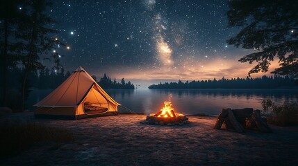 Vintageinspired camping scene a tent campfire and starry sky