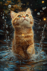 Poster - A ginger kitten stands in a pool of water, looking up with curiosity as water splashes around it.