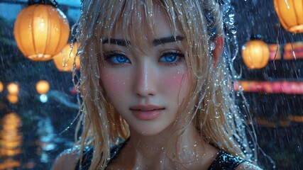 semi realistic artwork close up beautiful japanese or asian women under the rains and snow with cool background