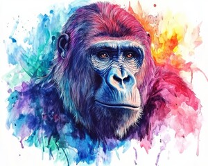 Wall Mural - Watercolor Gorilla Portrait with Colorful Splashes