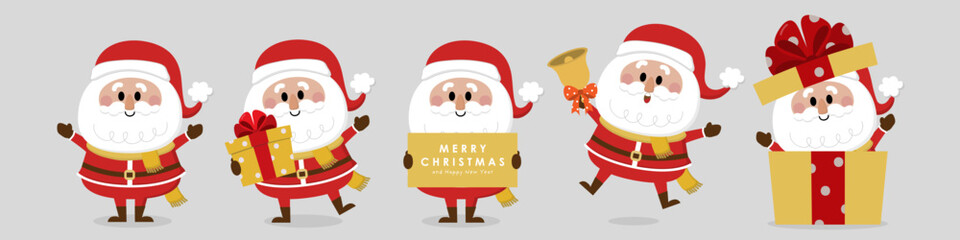 Wall Mural - Merry Christmas and happy new year greeting card with cute Santa Claus collection. Holiday cartoon characters set. -Vector