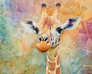 Wall Mural - Watercolor Giraffe Portrait with Abstract Background