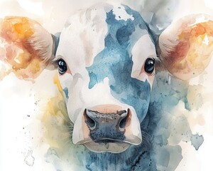 Wall Mural - Watercolor Painting of a Cow s Face with Blue Patches