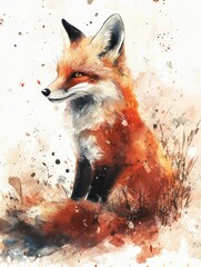 Wall Mural - Watercolor Painting of a Fox Sitting in Grass