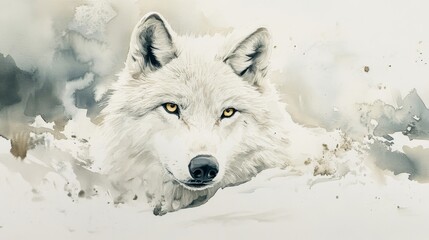 Watercolor Painting of a White Wolf with Yellow Eyes