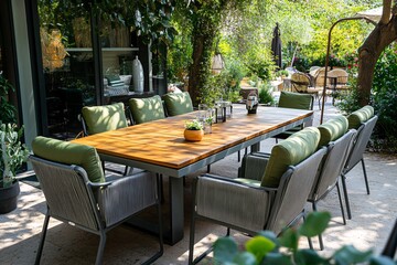 Stylish outdoor dining area featuring a wooden table surrounded by comfortable chairs, perfect for gatherings in a garden.