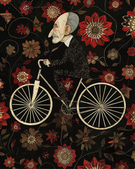 Wall Mural - Elderly Man Riding Bicycle Amidst Vibrant Flower Pattern