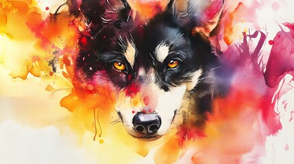 Wall Mural - Watercolor Painting of Wolf s Face with Orange and Pink Background