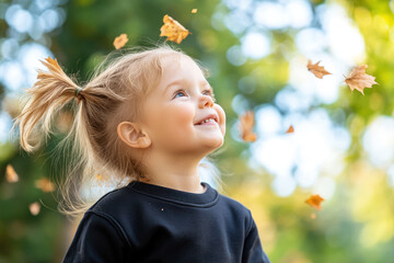 Caucasian little girl smile wearing sweatshirt playing at sunny autumn park