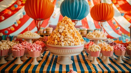 A colorful and whimsical table with striped cloth, circus props, popcorn, candy apples, and vibrant decorations under a big top tent -