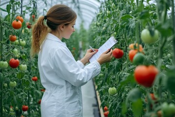 A lab worker is recording data on tomatoes in a tomato greenhouse, Generative AI