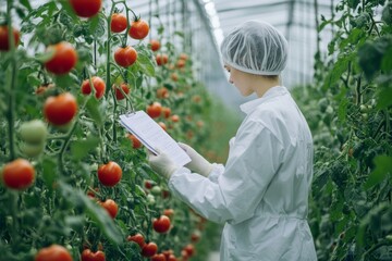 A lab worker is recording data on tomatoes in a tomato greenhouse, Generative AI