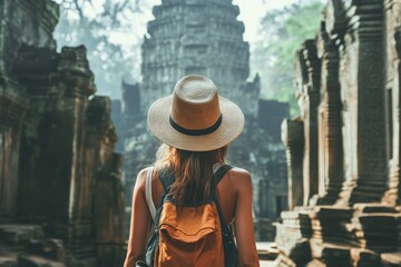 Canvas Print - a woman wearing a hat and backpack walking through an ancient temple