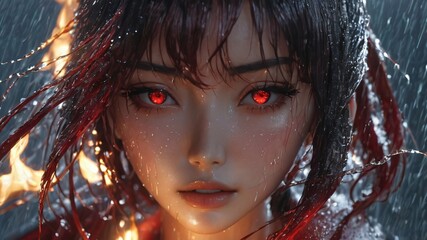 semi realistic artwork close up beautiful japanese or asian women under the rains and snow with cool background