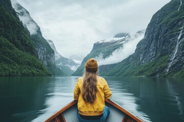 Canvas Print - a woman in a yellow jacket is in a boat