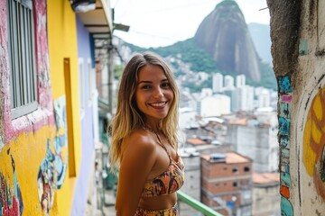 Sticker - a beautiful young woman standing in front of a graffiti covered building