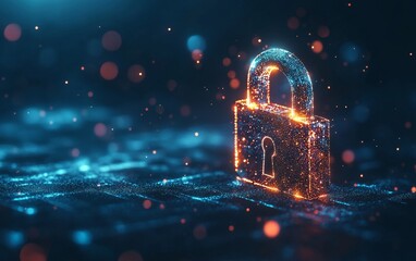 Poster - A glowing padlock made of particles sits on a blue digital surface.