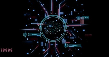 Wall Mural - Digital brain network and data processing animation over dark background with neon lines