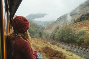 Canvas Print - a woman looking out the window of a train