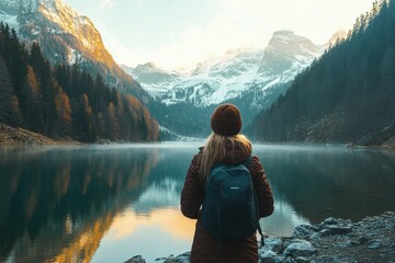 Poster - a woman with a backpack looking at a mountain lake