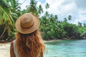 Wall Mural - a woman wearing a hat standing on a beach