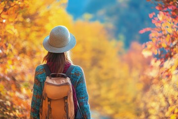 Poster - a woman with a backpack walking through a forest