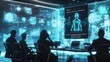 © Junior - 'A high-tech conference room where an AI-powered hologram is giving a presentation to a group of executives. The walls are made of interactive glass panels displaying real-time data visualizations'