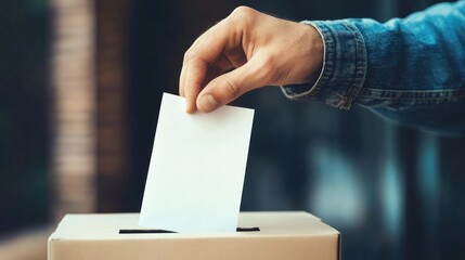 Close up of an adult's hand placing a ballot paper into a ballot box with the Photocopy Room in the background. Ai generated image