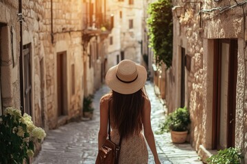 Sticker - a woman in a hat walks down a narrow street