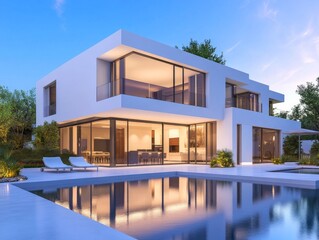Aufkleber - Modern house with swimming pool and large windows overlooking the garden.