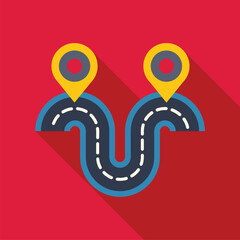 Poster - winding road is connecting two map pointers on a red background, in this colorful illustration about